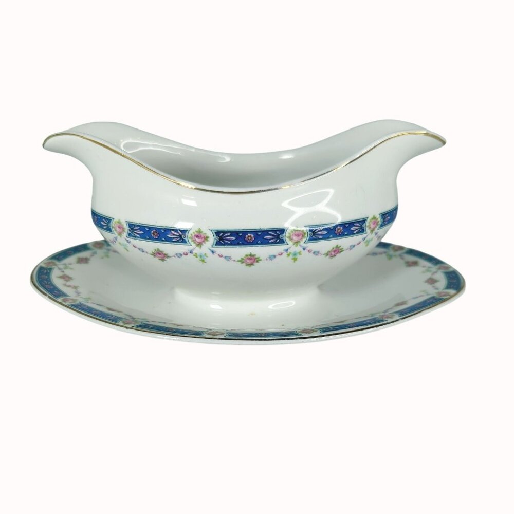 Johnson Bros England Gravy Boat Attached Underplate Gold Trim Floral Pattern